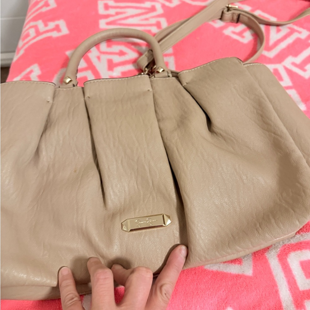 Jessica Simpson Tan Shoulder Bag with Gold Hardware and Pleated Design
